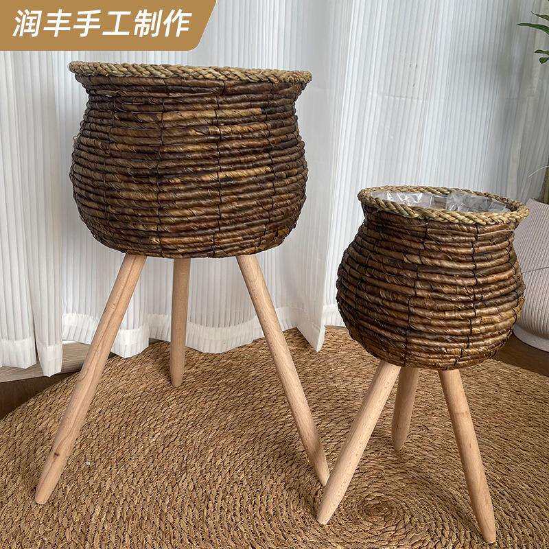 跨境复古风木质落地花架花盆架草编花篮装饰客厅阳台花器绿萝架