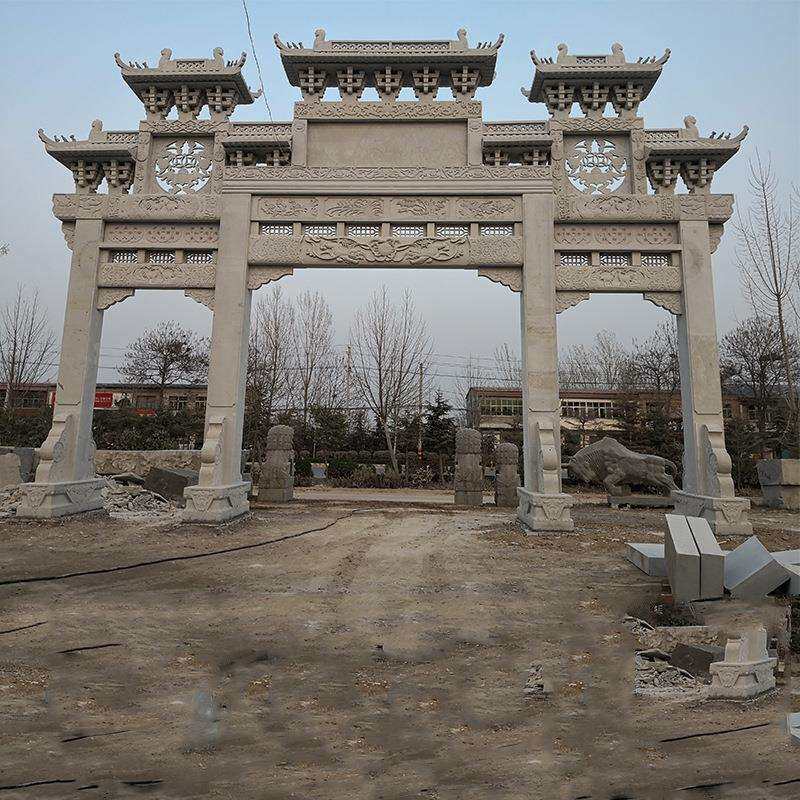 石牌坊石门楼仿古中式门头广场古建花岗岩石雕牌楼三门五楼拱门
