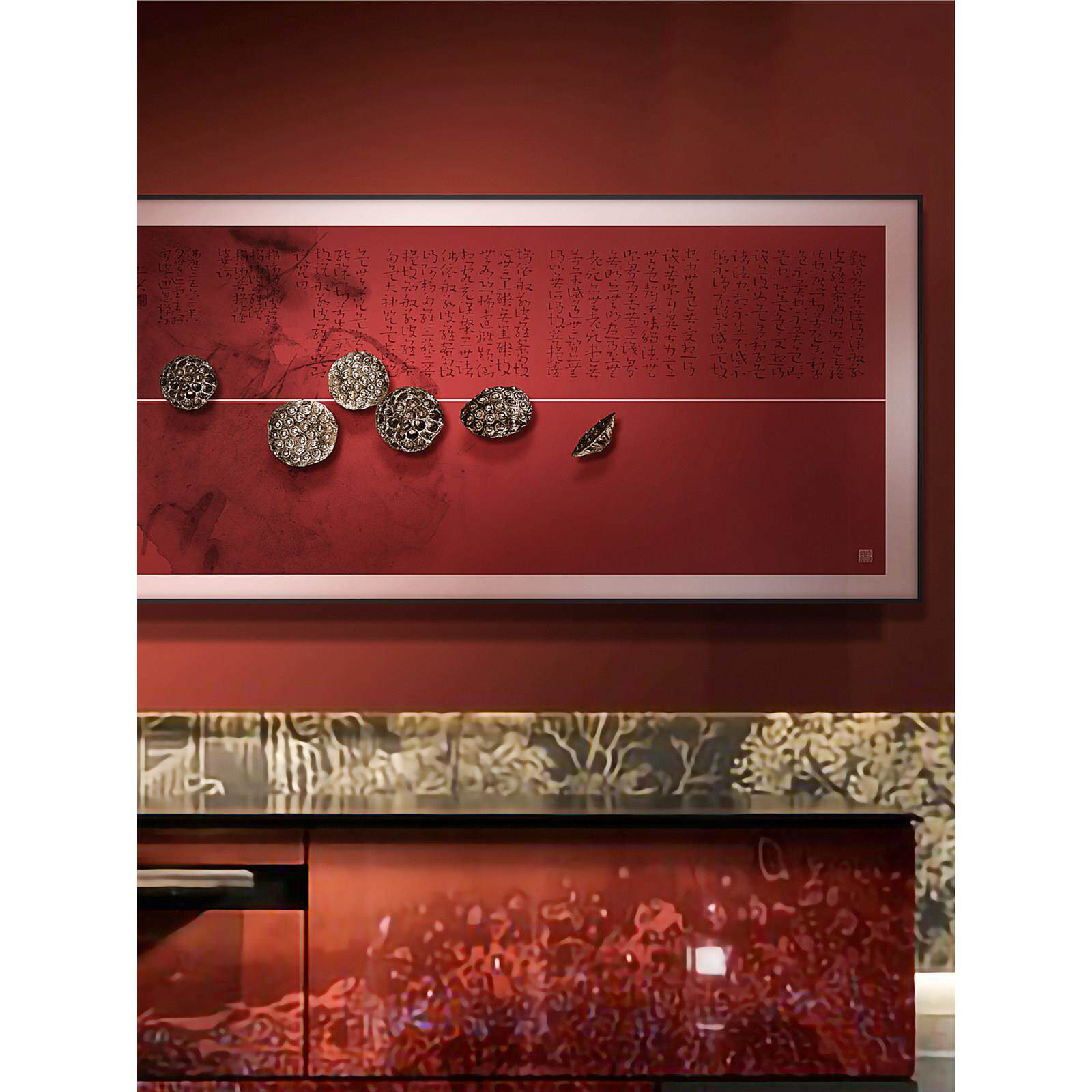 鸿运莲莲浮雕立体中国风软装背景墙挂画饭厅壁画新中式客厅装饰画