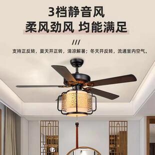 新款直销新中式风扇灯客厅餐厅卧室吊扇灯中国风复古木叶静音灯扇