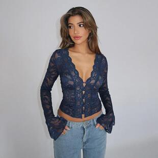 Women's Plain Scallop Trim Button Front Flounce Sleeve Lace