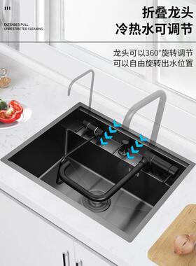 厨房吧台锈隐藏式水槽纳黑米色不钢槽单槽迷GBA5532你带盖板中水