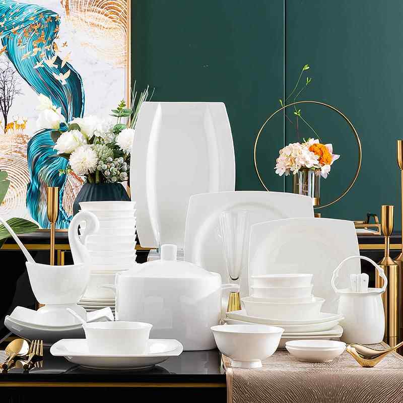 骨瓷餐具配件纯白米饭碗碟套装家用碗盘组合调料罐勺筷子自由搭配