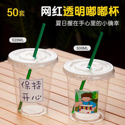 饮料果汁杯奶茶杯子一次性带盖网红鲜榨橙汁杯绿豆汤打包摆摊家用