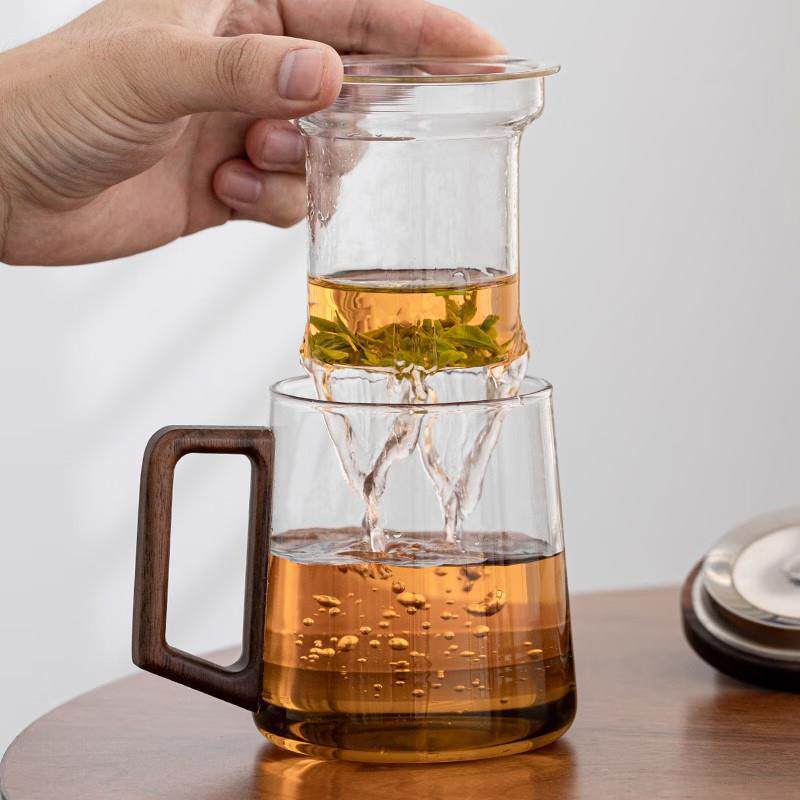 金镶玉 玻璃茶杯 高硼硅耐冷耐热带过滤马克杯 分层木把玻璃杯