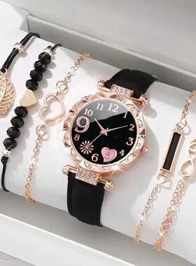 6PCS Set Watch For Women Leather Analog Ladies Quartz Wrist