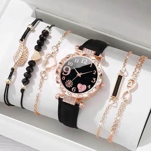 6PCS Set Watch For Women Leather Analog Ladies Quartz Wrist