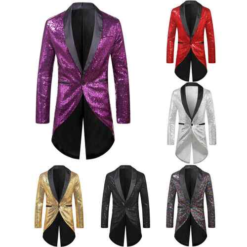 Men's sequined suit, one button suit, tailcoat, mid length