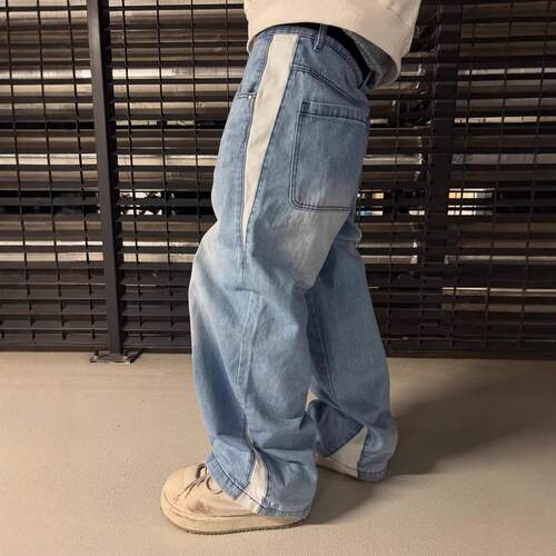 Unisex Patchwork Denim Jeans Loose Fit Straight Leg Jeans