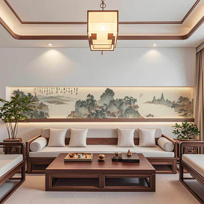 客厅沙发床头横向壁画横梁腰线壁纸新中式长条山水画宋代美学墙布