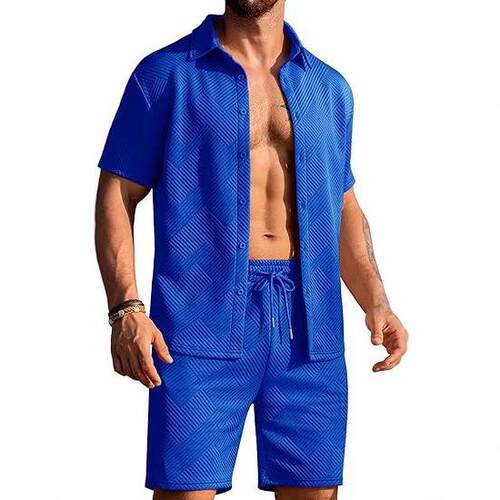 Men's textured beach short sleeved button up shirt and