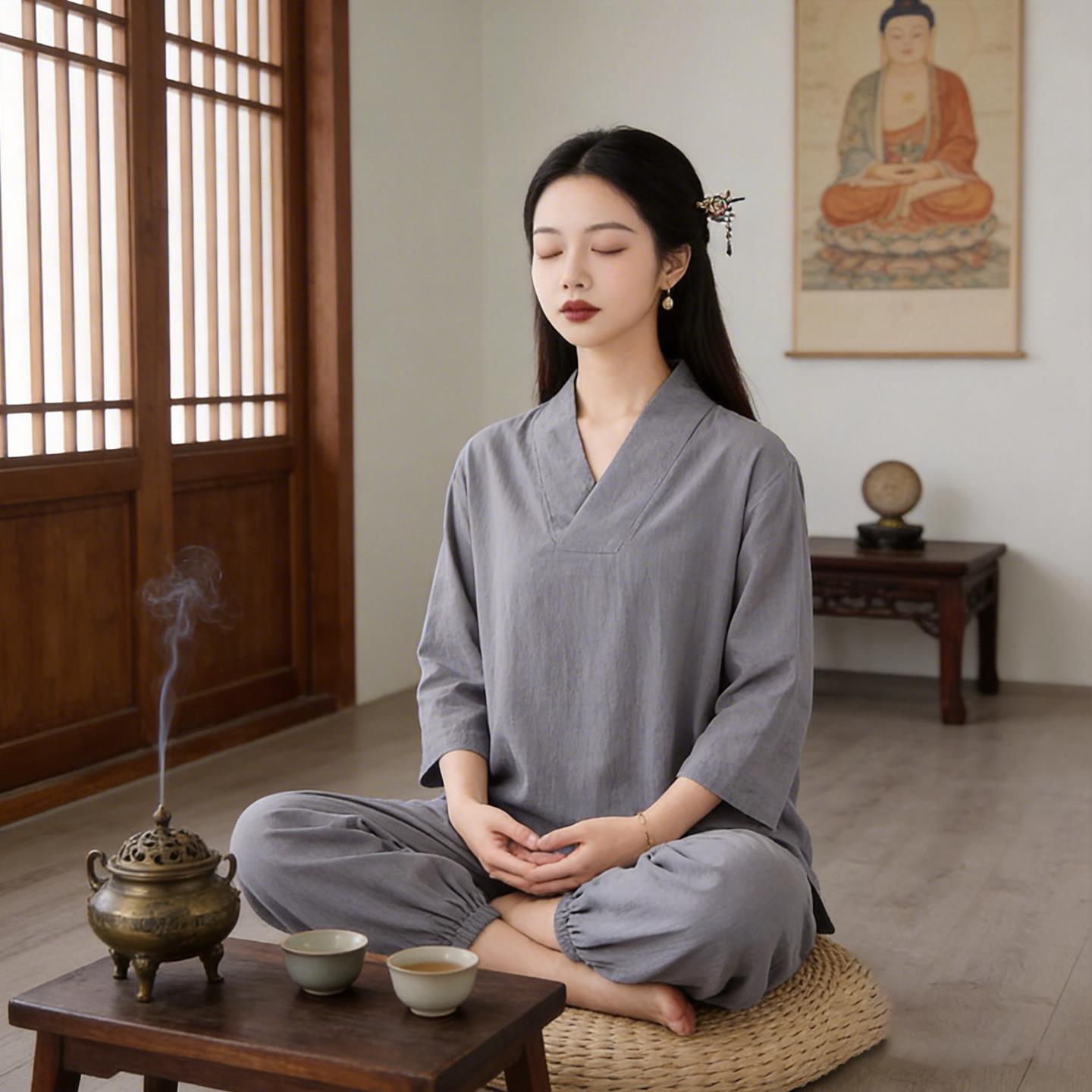 禅修服女套装中式V领禅服佛系禅意女装寺院居士服女打坐疗愈师服