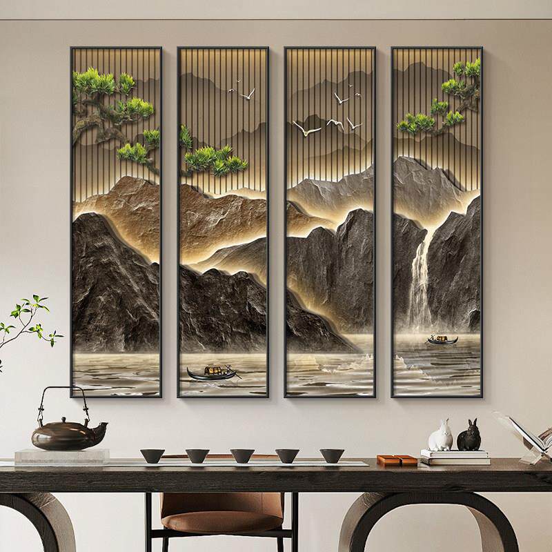 新中式客厅挂画 画流水生财沙发背景墙装饰山水画 画中堂四条屏茶