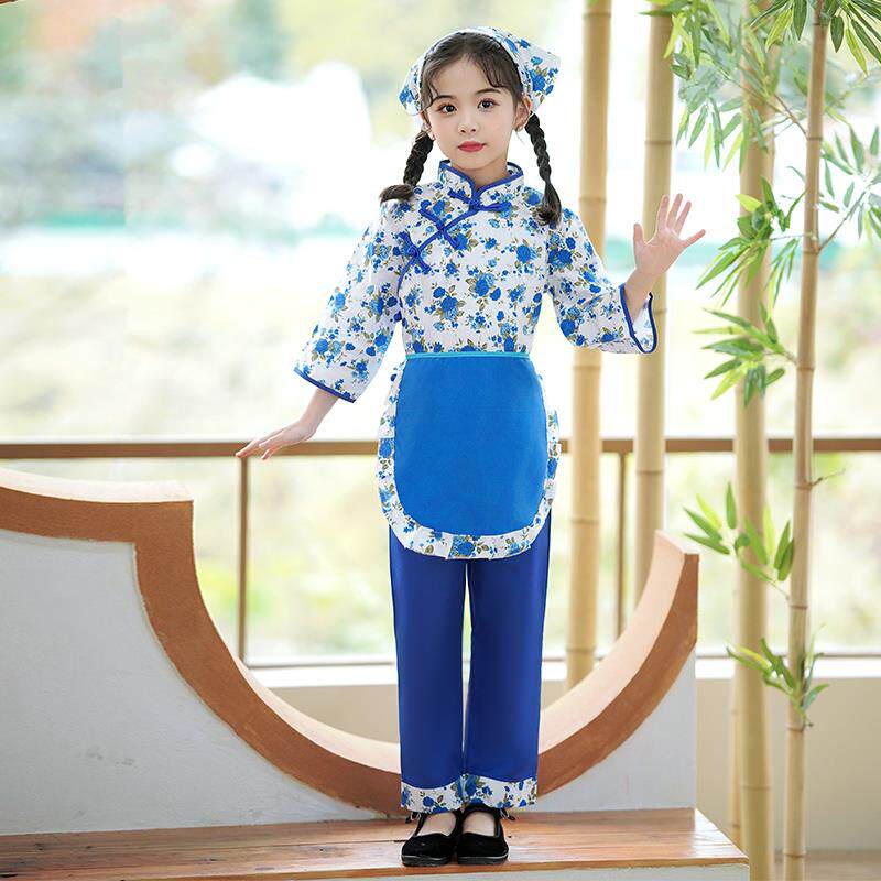 高档儿服童村姑表服装采茶服农村衣童民女国秧歌农民演服阿庆嫂演