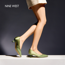 Nine West/玖熙中跟舒适通勤工作鞋春羊皮拼接高跟鞋气质单鞋