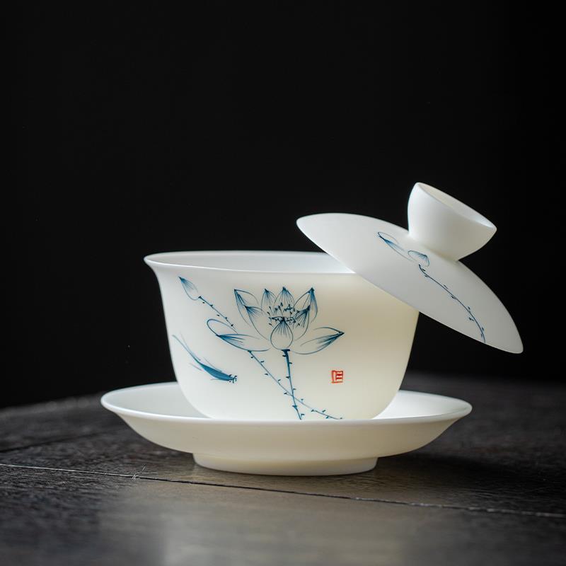 德化猪油白手绘羊脂玉悬停三才盖碗素烧白瓷泡茶单个茶杯功夫茶具