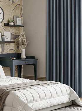 绒感绒布蓝猫灰色系复古风卧室高遮光窗帘成品挂钩打孔加工批发