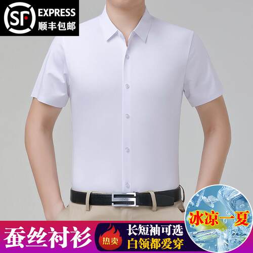 2026新款短袖衬衫男桑蚕丝夏季薄款白色职业正装广东普宁长袖衬衫