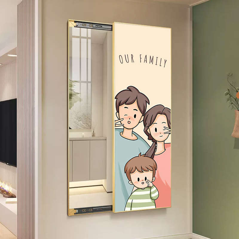 一家三口四口隐藏式全身镜装饰画镜子壁画玄关推拉穿衣镜挂画简约