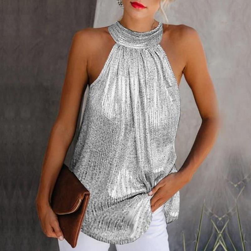 Double Silver Neck Zip Sleeveless Top双银挂脖拉链无袖上衣女