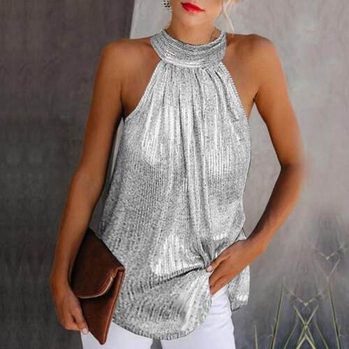 Double Silver Neck Zip Sleeveless Top双银挂脖拉链无袖上衣女