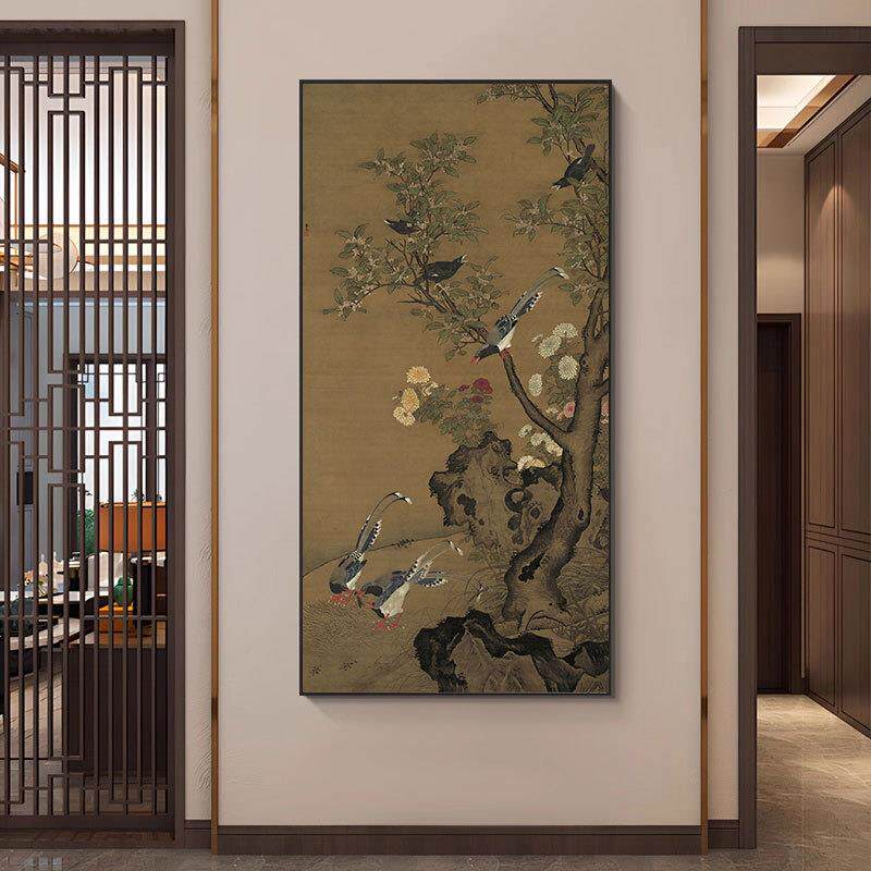 明 吕纪 桂菊山禽图杏花孔雀图微喷新中式装饰画茶室酒店玄关挂画