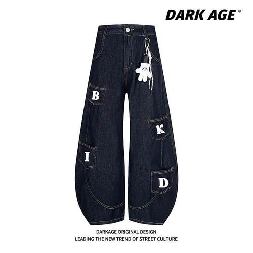 DARKAGE美式覆古水洗多口袋弯刀裤子做旧男女牛仔裤拖地宽松长裤