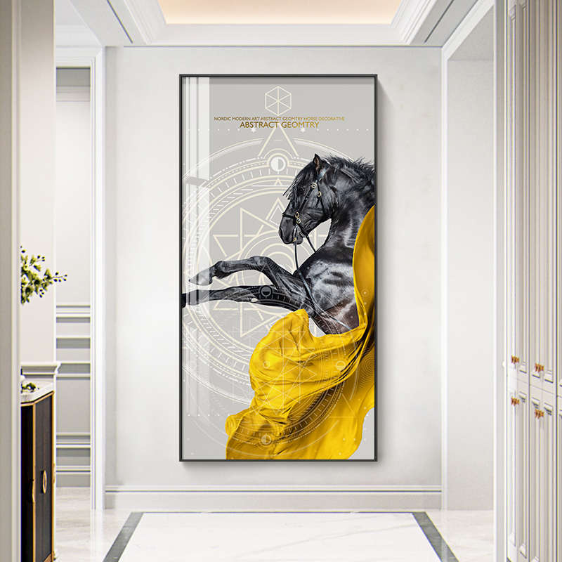 现代简约装饰画玄关竖款骏马挂画客厅走廊过道挂画玄幻入户晶瓷画图片