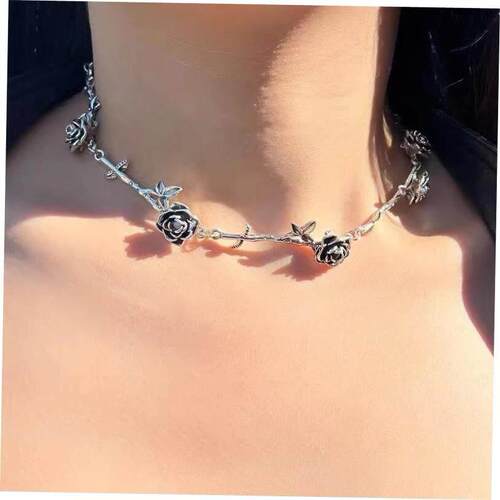 retro black necklace rose neck chain short choker 玫瑰锁骨炼