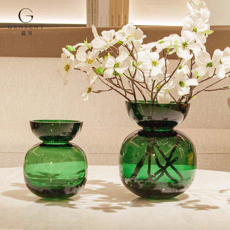 晶淳墨绿色玻璃宝石绿花器插花水培绿植餐桌装饰摆件饰品花瓶手工