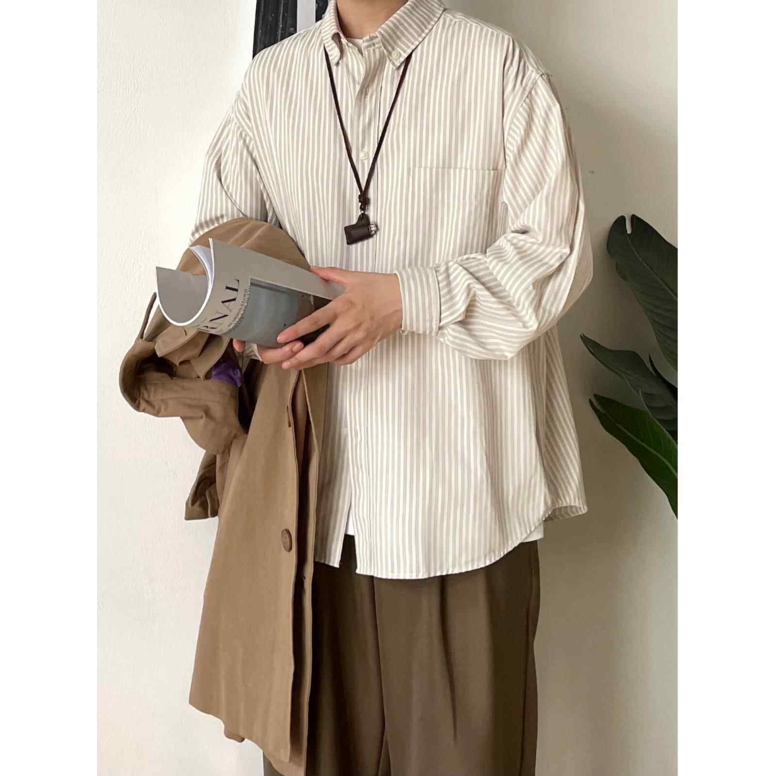 B董日式男装覆古春秋季条纹衬衫长袖休闲覆古宽松男女时髦衬衫