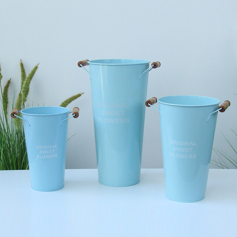 高档客厅网红花器奶油风铁皮桶花盆鲜花拍摄道具花店插花桶醒花桶