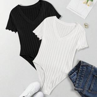 Women'S Ribbed Striped Jumpsuit Set, V Neck & Front Pocket