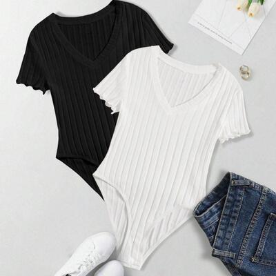Women'S Ribbed Striped Jumpsuit Set, V Neck & Front Pocket
