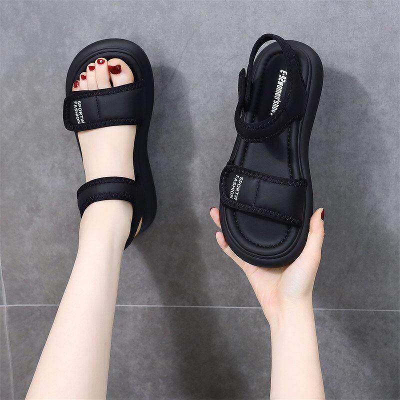 香港真皮平底运动凉鞋女夏季2026新款踩屎感魔术贴软底罗马沙滩鞋