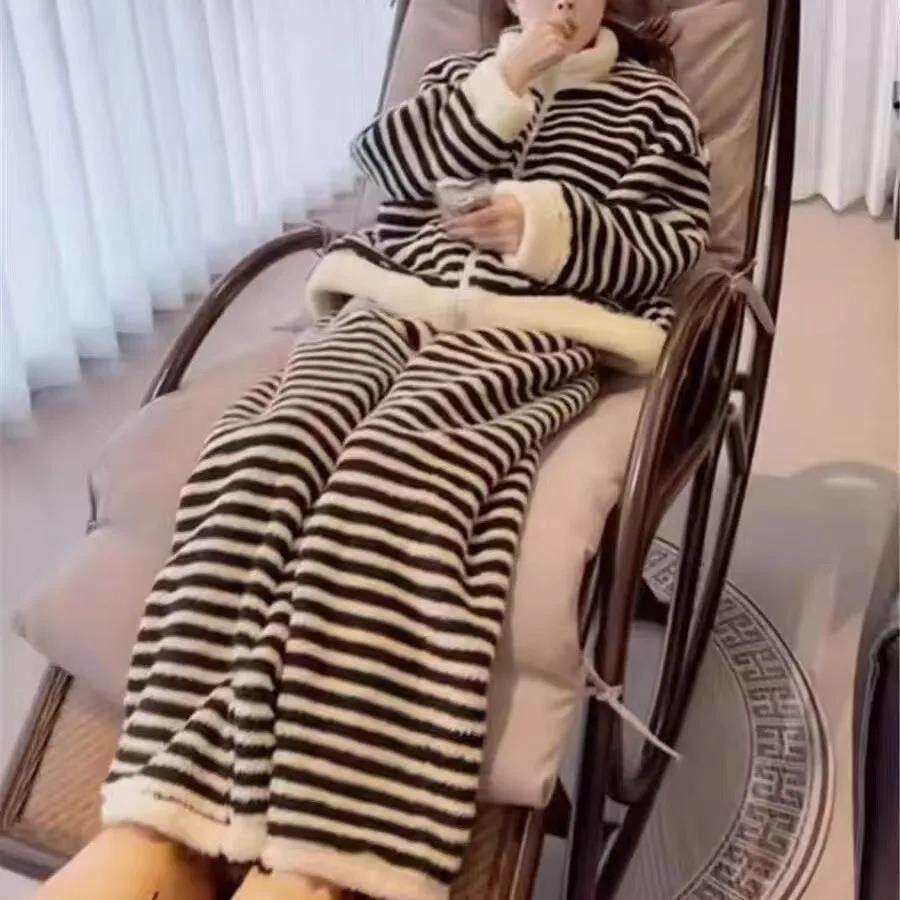 珊瑚绒条纹睡衣韩版条纹睡衣女士加厚可爱长袖长裤清仓家居服套装
