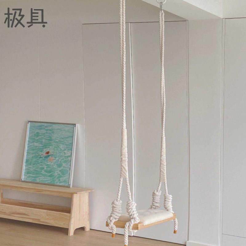室内儿童成人实木板秋千吊椅房间装饰棉绳玩具家用原木悬挂荡秋千