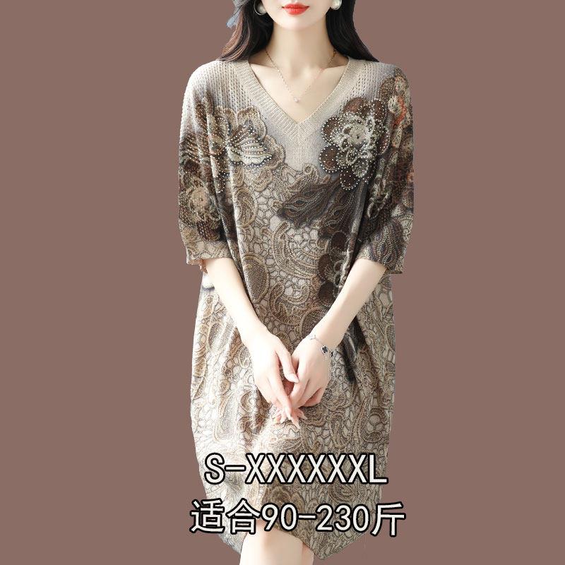 时尚印花冰丝洋装加肥加大码胖mm230斤V领中长版短袖桑蚕丝裙子