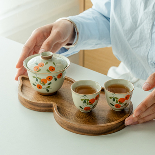 家用办公干泡茶台盘草木灰纯手绘柿子盖碗茶杯 拓土功夫茶具小套装