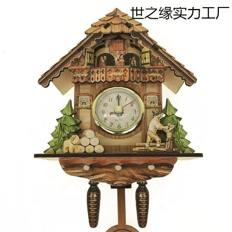 报时布谷鸟木质复古北欧挂钟咕咕挂饰时钟闹钟整点钟表客厅风格