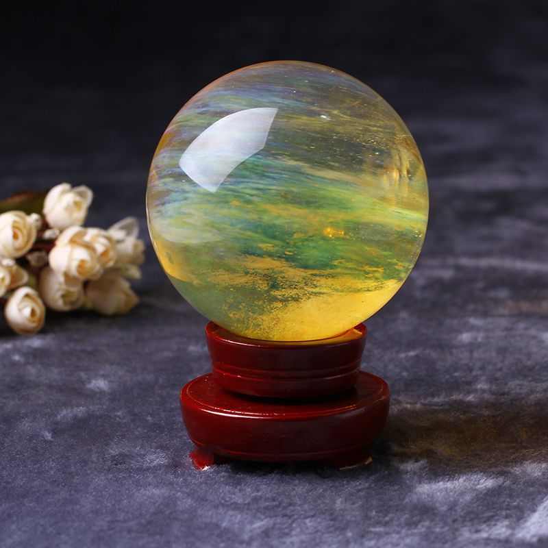 万雅水晶 水晶球旋转底座高人熔炼水晶球应 黄色熔炼水晶球摆件