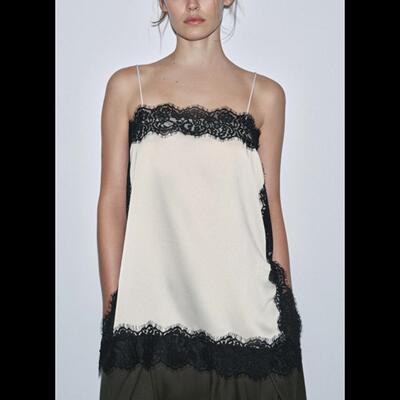 Women Silk Lace Trim Cami Tops Spaghetti Strap Silky Slip