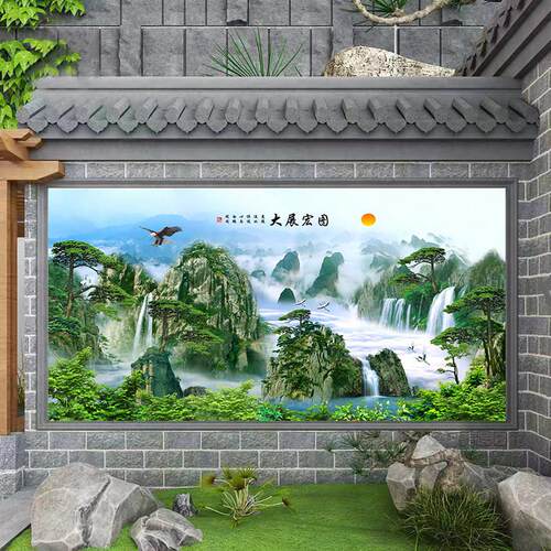 带图农村大门瓷砖壁画背景墙户外门头匾迎门墙庭院中堂山水影壁墙