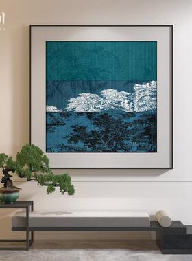 新中式中国风禅意蓝色山水肌理卧室玄关客厅装饰画壁画方形挂画