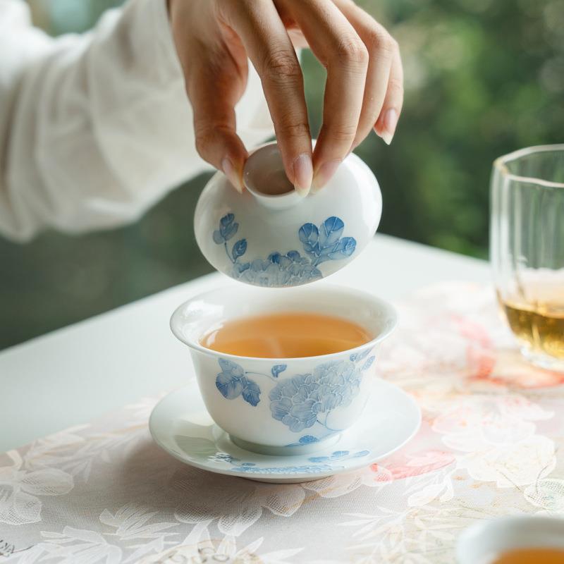 高档陶瓷三才盖碗茶杯家用高颜值纯手绘花莲荷韵茶碗泡茶防烫