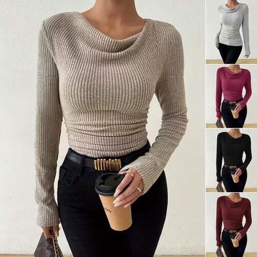 Women'S Long Sleeve Cowl Neck Ribbed Knit Fall Shirts Slim