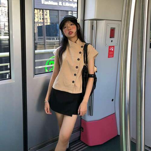 KSXN 排扣撞色立领短袖T恤女夏季修身显瘦设计感时尚百搭复古上衣