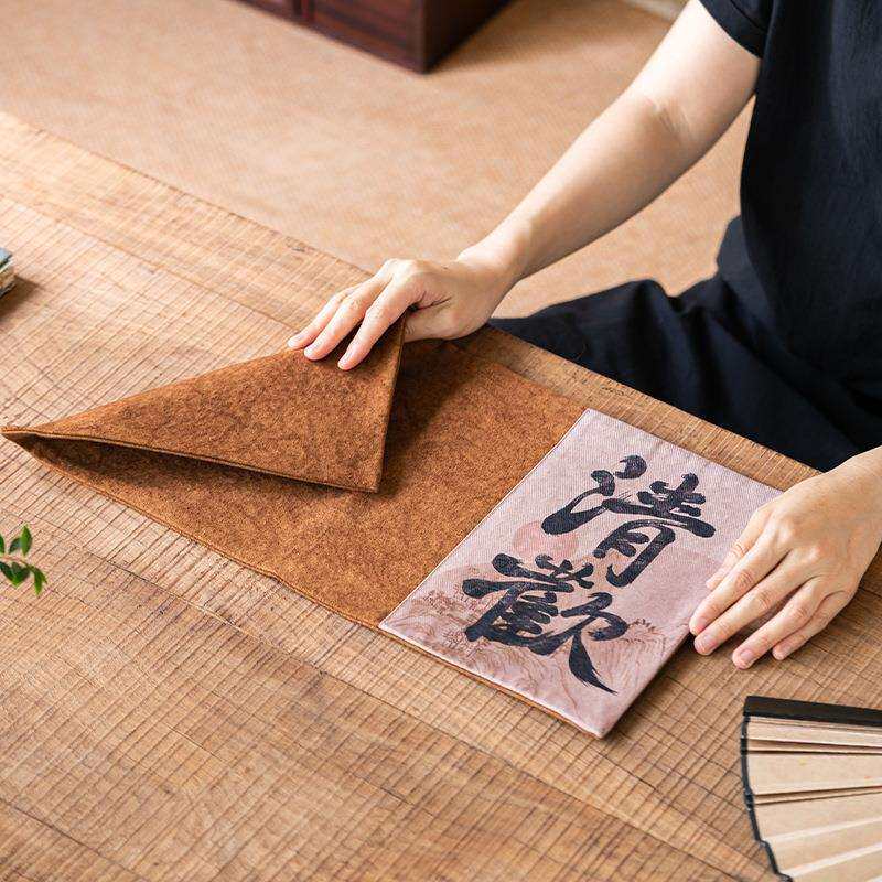 新中式书法拼布茶席草木柿色扎染桌旗干泡垫帆布隔热垫长方茶布垫