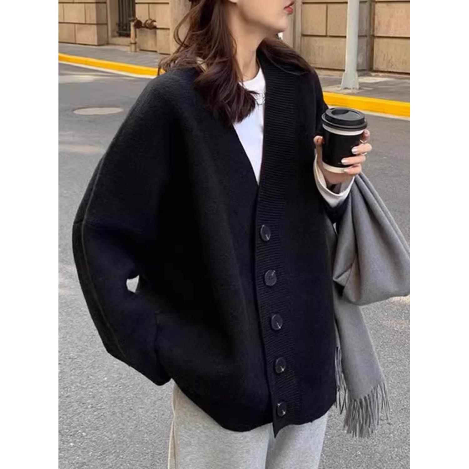 黑色毛衣外套女大码2025加厚外穿复古中长款慵懒宽松v领针织开衫