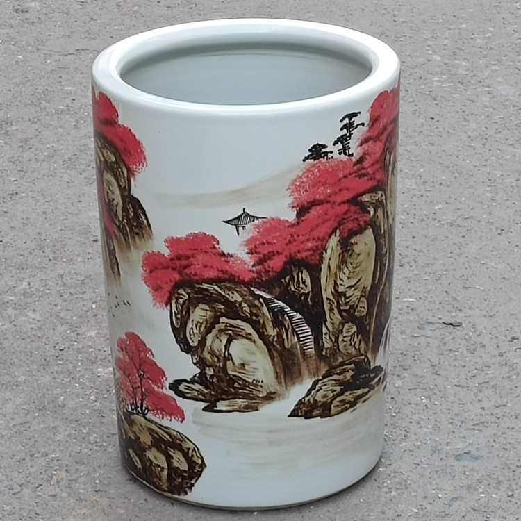 陶瓷缸书画山水落地缸花瓶摆件筒收纳桶伞卷轴五彩筒字画花插手绘